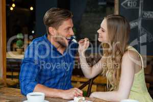 Smiling woman feeding man while sitting at table