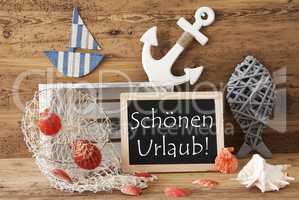 Chalkboard With Summer Decoration, Schoenen Urlaub Means Happy Holidays