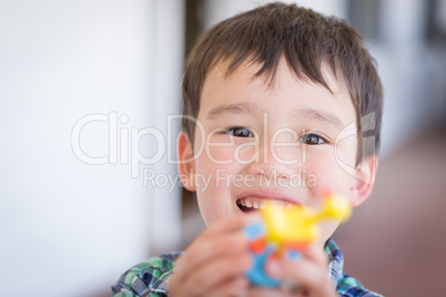 Portrait of Mixed Race Chinese and Caucasian Young Boy With Toy