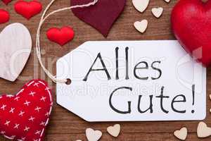 Label, Red Hearts, Flat Lay, Alles Gute Means Best Wishes