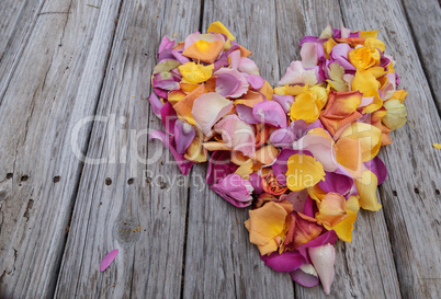 Rose petals in the shape of a heart in the colors of a sunset