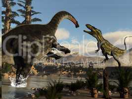 Torvosaurus and apatosaurus dinosaurs fighting - 3D render