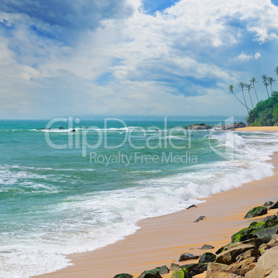 ocean, picturesque beach and blue sky