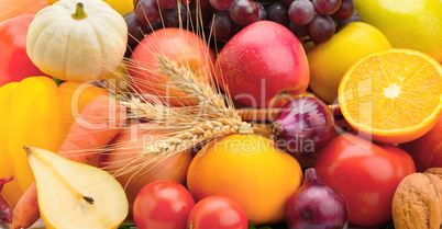 Bright background of a set of fruits and vegetables