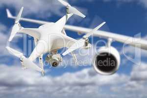 Unmanned Aircraft System (UAV) Quadcopter Drone In The Air Too C