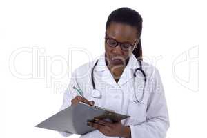 Black Woman Doctor with patient records