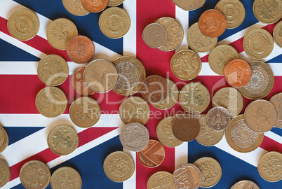 Pound coins, United Kingdom over flag