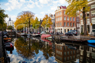 Amsterdam city view with canals and bridges