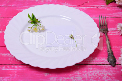 Empty white ceramic dish on a pink wooden surface