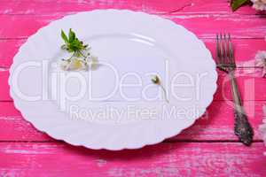 Empty white ceramic dish on a pink wooden surface