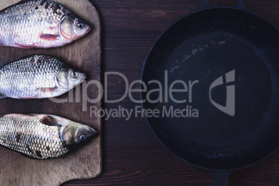 Three live carp fish in a scales on a kitchen board