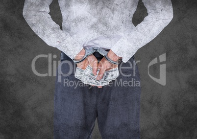 Back of business woman in handcuffs with money against grey grunge background