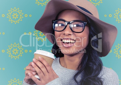 Woman with summer hat and coffee against yellow sun pattern and blue background
