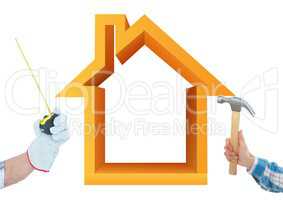 Hand with hammer and hand with meter with orange 3D house background