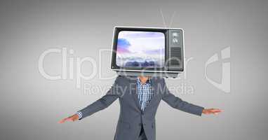 Digital composite image of businesswoman with TV in front of face
