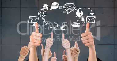 Social media icons over hands gesturing thumbs up