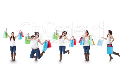 Multiple image of woman with shopping bags against white background