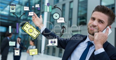 Digital composite image of businessman talking on smart phone with various icons
