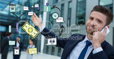 Digital composite image of businessman talking on smart phone with various icons