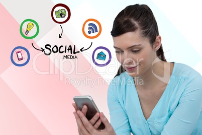 Digital composite image of woman using smart phone by various icons against colored background