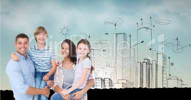 Digital composite image of parents carrying children with drawn buildings in background