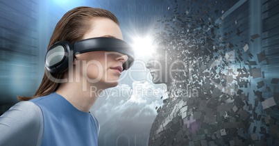 3D black male AI facing woman in VR with flare in between against servers