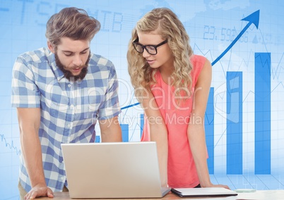 Man and woman at laptop against blue graph