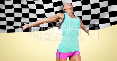 Female runner against yellow background with flares and checkered flag