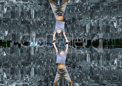 up side down city. boy trying meet with himself