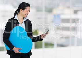 woman holding phone and cloud in office