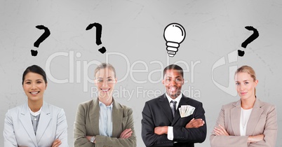 Business people with question mark and light bulb signs