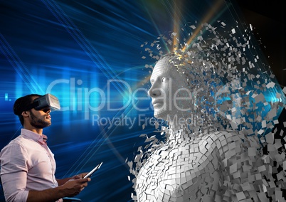 Digital composite image of man using digital tablet and VR glasses by 3d human