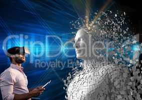 Digital composite image of man using digital tablet and VR glasses by 3d human