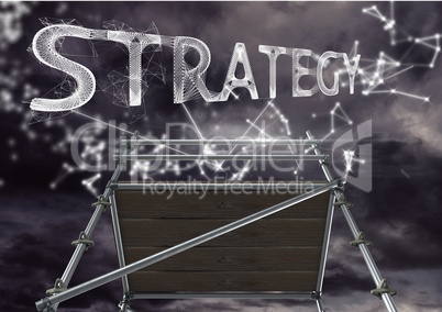 Strategy Text with 3D Scaffolding and technology interface dark sky