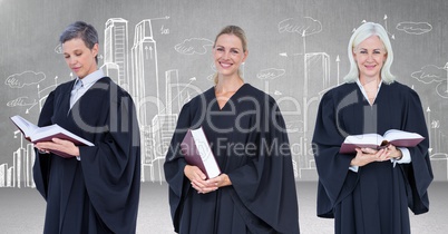 Women Judges holding books in front of stone wall with city drawings