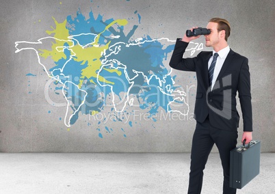 Businessman looking through binoculars with Colorful Map with paint splattered wall background