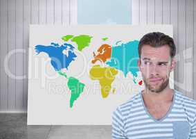 Man thinking about Colorful Map with city background with room and sky background