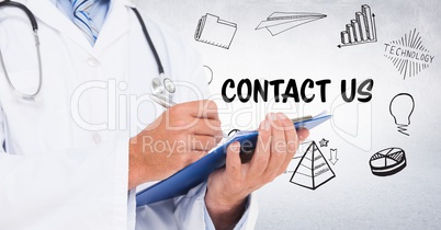 Doctor mid section with clipboard against contact doodles and white wall