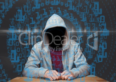 Red t shirt hacker with out face in the desk