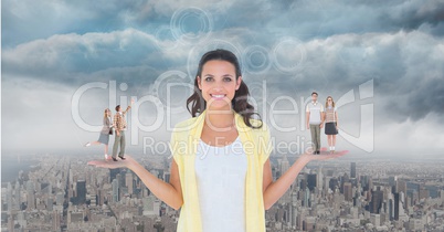 Digitally generated image of people standing on standing on woman palm against city