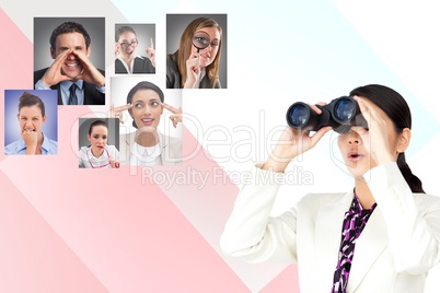 Digitally generated image of businesswoman using binoculars with human resourcing in background