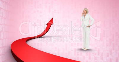 Digital composite image of businesswoman by red arrow