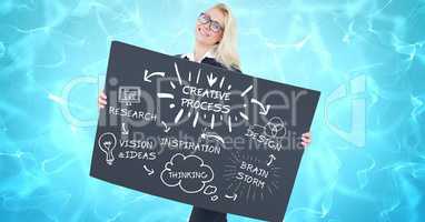 Digital composite image of woman holding billboard with various text and diagrams against patterned