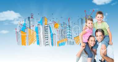 Digital composite image of parents carrying children on shoulders with drawn city in background
