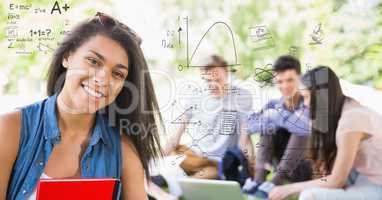 Digital composite image of student with math equations and friends