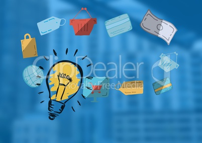 Colourful lightbulb with e-commerce drawings graphics