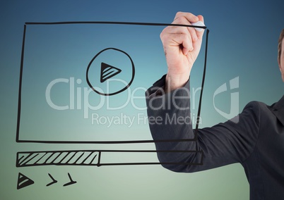 Man with marker and website mock up against blue green background