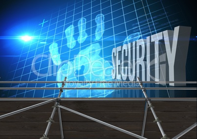 Security Text with 3D Scaffolding and hand grid interface
