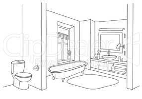 Bathroom interior sketch. Room view, doodle drawn bath furniture