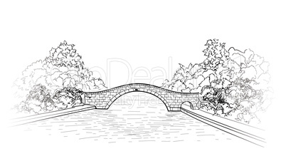 Bridge in park view. city garden lanscape.  Engraving retro natu